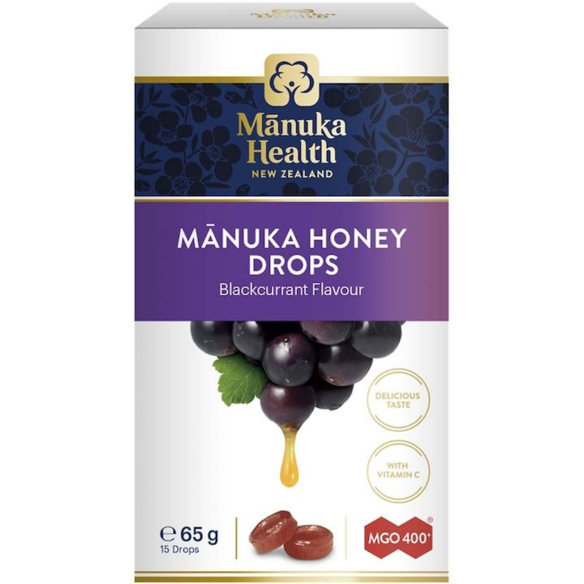 Bomboane cu miere de Manuka MGO 400+ Manuka Health, Aroma de Coacaze, 65 g