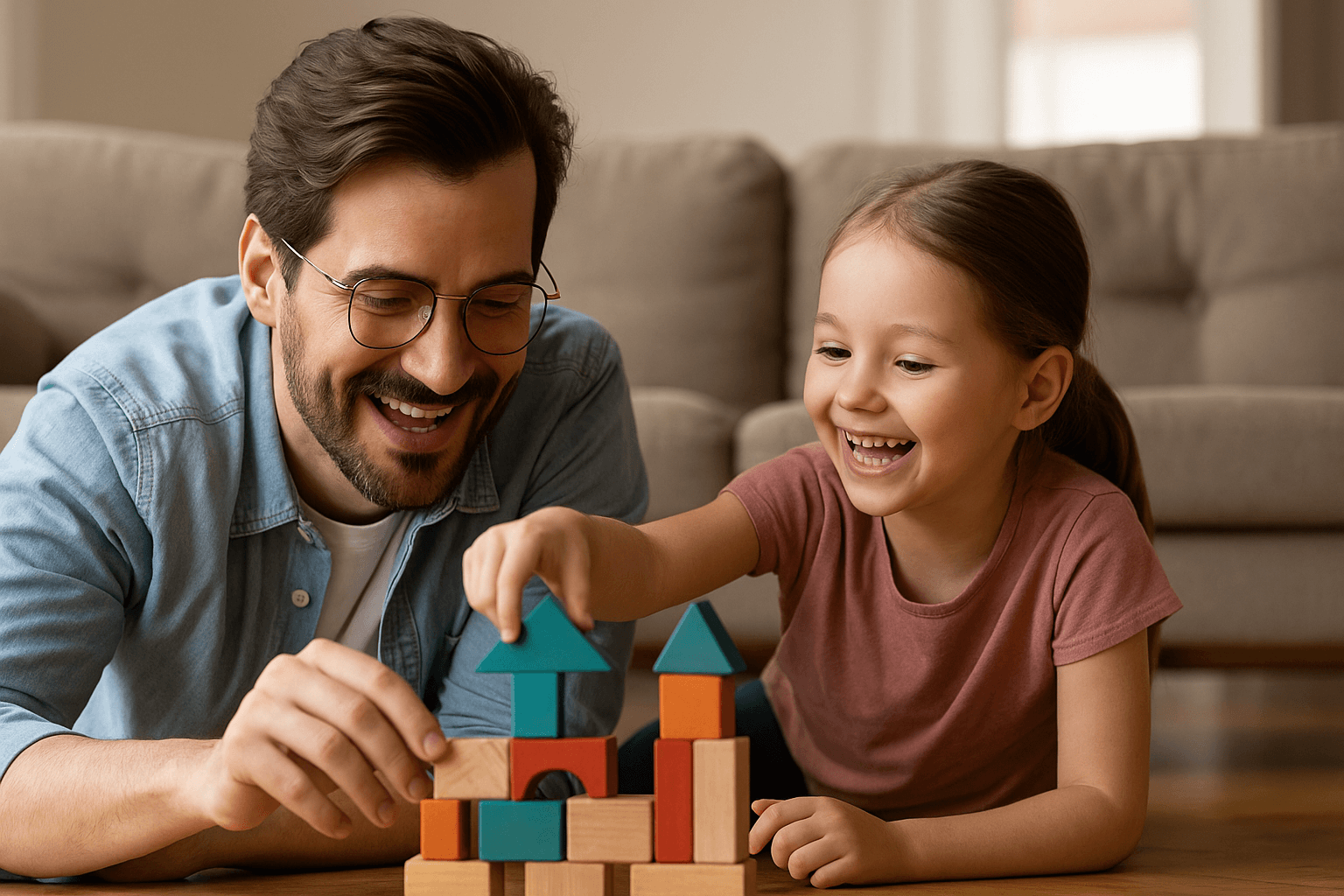 tata cu fiica jucandu-se impreuna cu cuburile si petrecand timp de calitate impreuna