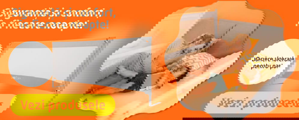 banner cu bariere de pat si in imagine o mama cu copilul in pat se joaca