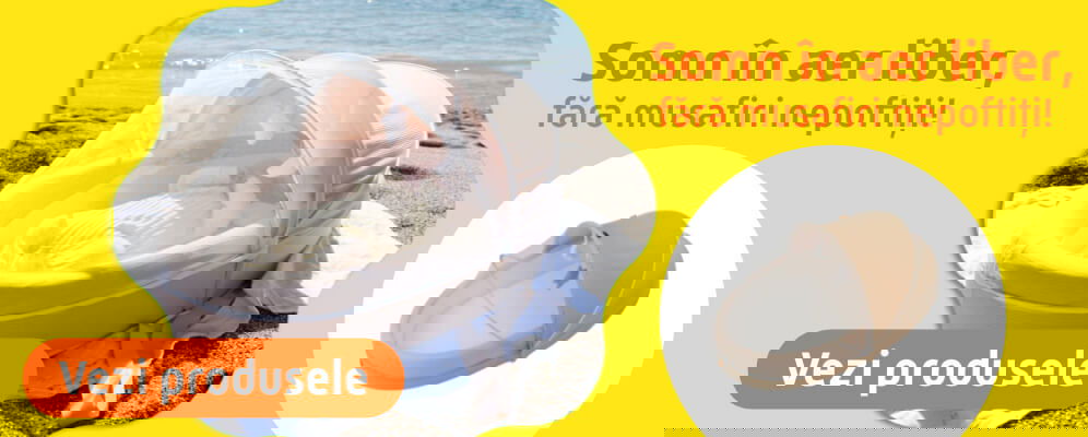 banner cu babynest care se afla pe plaja si are o copertina contra insectelor pe banner scrie somn in aer liber, fara musafiri nepoftiti