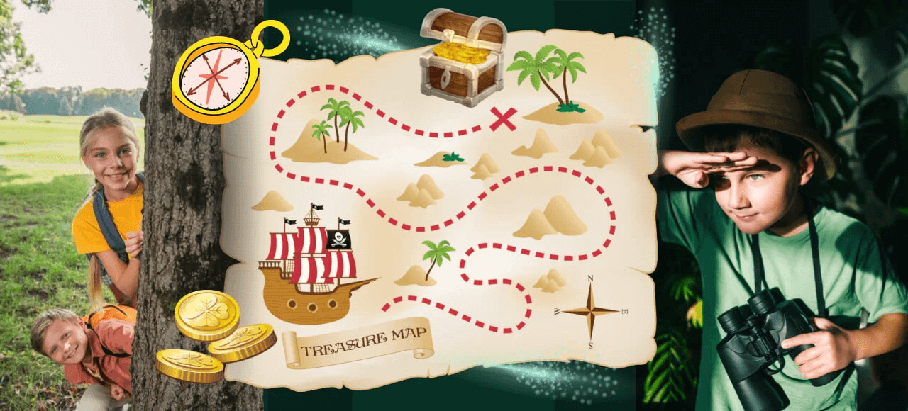 imagine colaj cu copii, o harta de comori si un baietel costumat in detectiv care priveste in zare