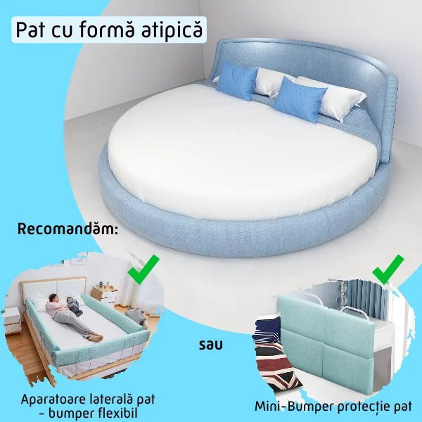 imagine cu tipul de pat pentru care bariera de pat nu reprezinta neaparat o solutie din cauza diverselor particularitati ale patului - pat cu lada si saltea dubla - pat cu forma atipica, forma rotund