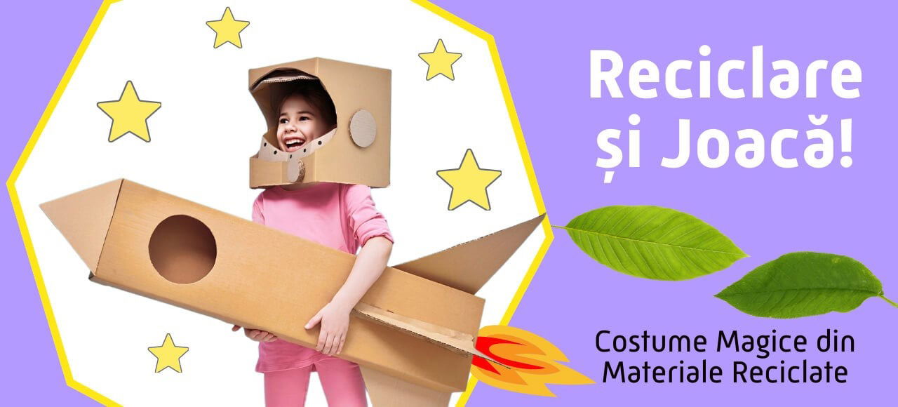 banner cu costume reciclate pentru fetite, cu o fetita care tine in brate o racheta din carton