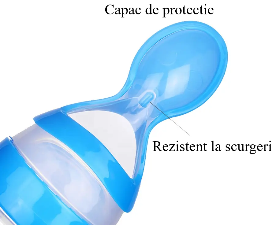 Lingurita cu rezervor pentru bebelusi cu capac de protectie, rezistent la scurgeri 