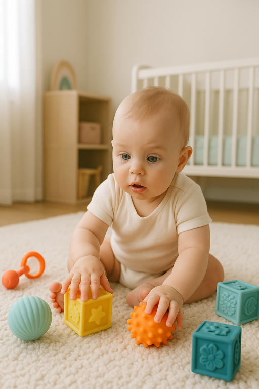 imagine generata cu AI aratand un bebelus care se joaca cu jucarii senzoriale