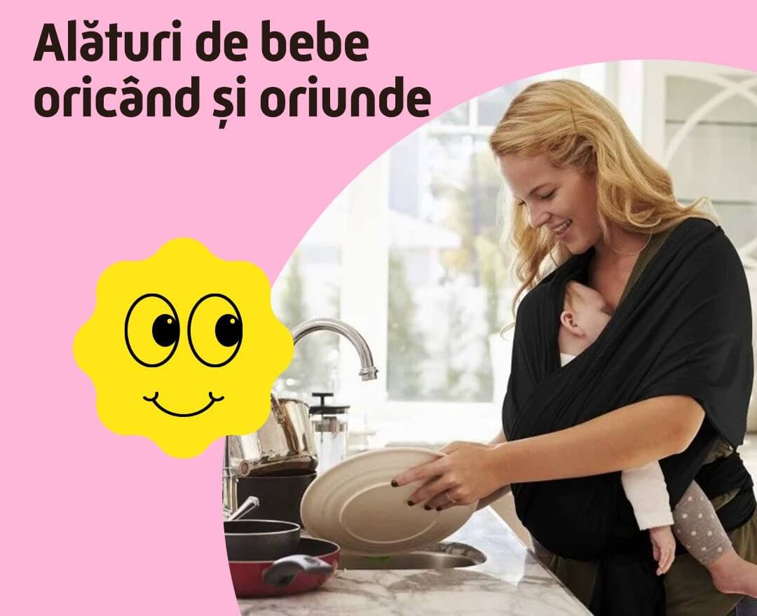 banner cu mama care spala vasele si tine copilul care doarme la piept prin sistemul de infasare
