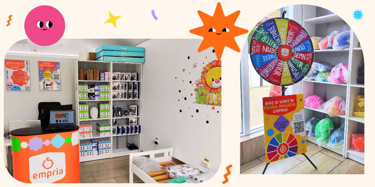 banner cu roata norocului si produsele care se regasesc in magazinul empria