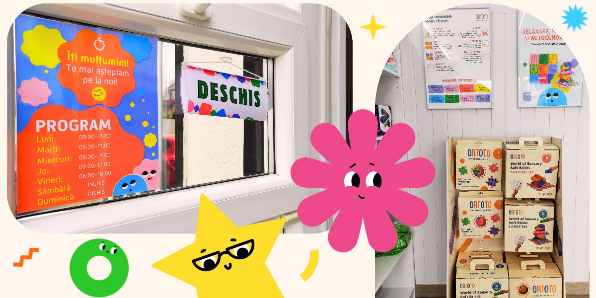 banner informativ cu programul de lucru empria si cu covorasele Ortoto de la noul magazin din strada gura siriului nr 17-19