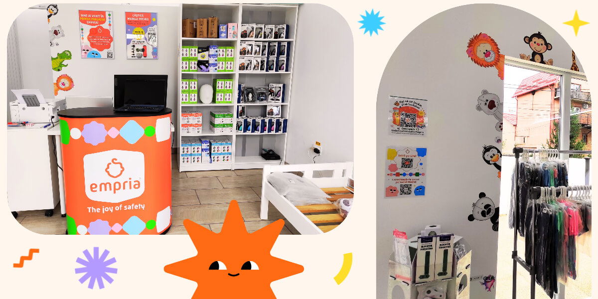 banner din magazinul empria cu raftul de casti antifonice empria si biroul principal