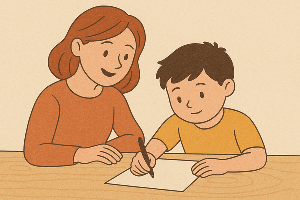 mama isi priveste fiul in timp ce ii scrie o scrisoare lui Mos Craciun