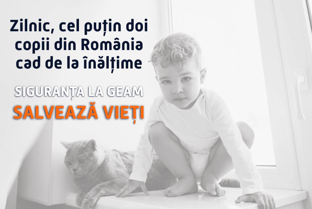 banner campanie siguranta la geam salveaza vieti copil care sta la inaltime impreuna cu o pisica