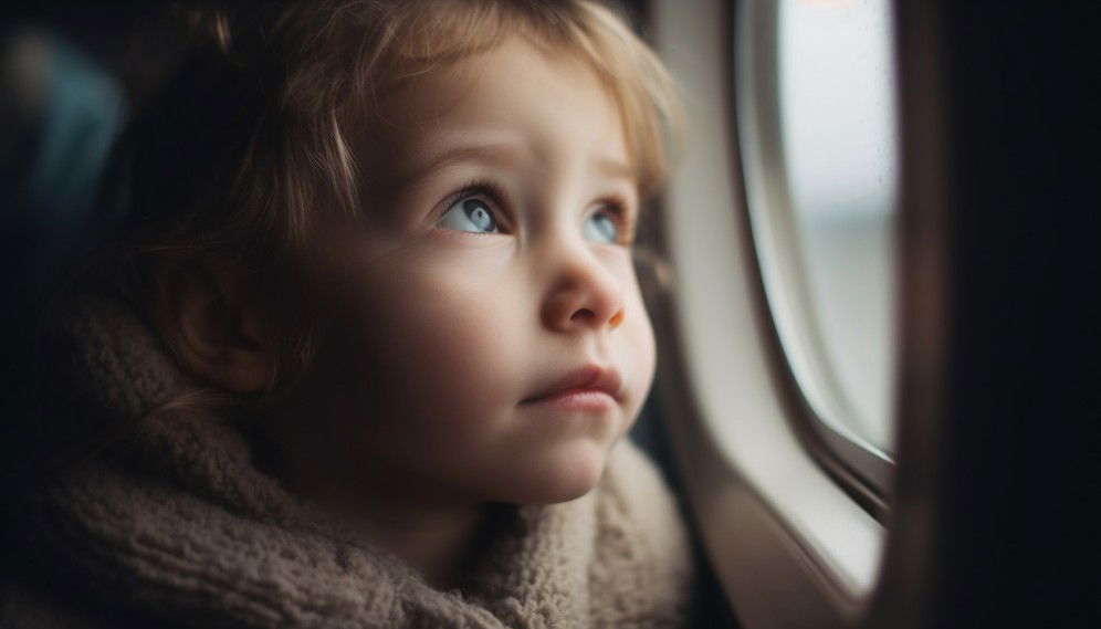 bebelus care priveste pe geamul avionului