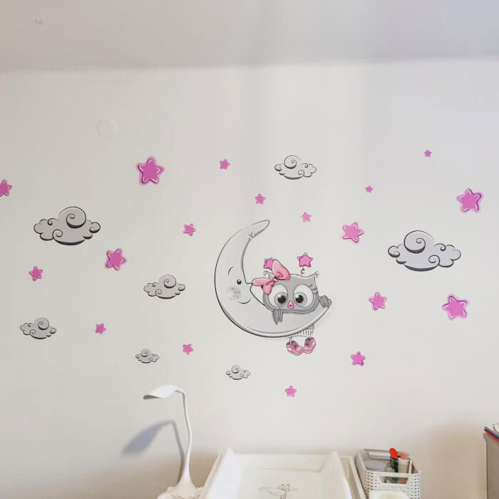 Autocolant pentru camera copiilor - pui de bufnita roz-gri + nori si stele, Luna 60x50cm [5]