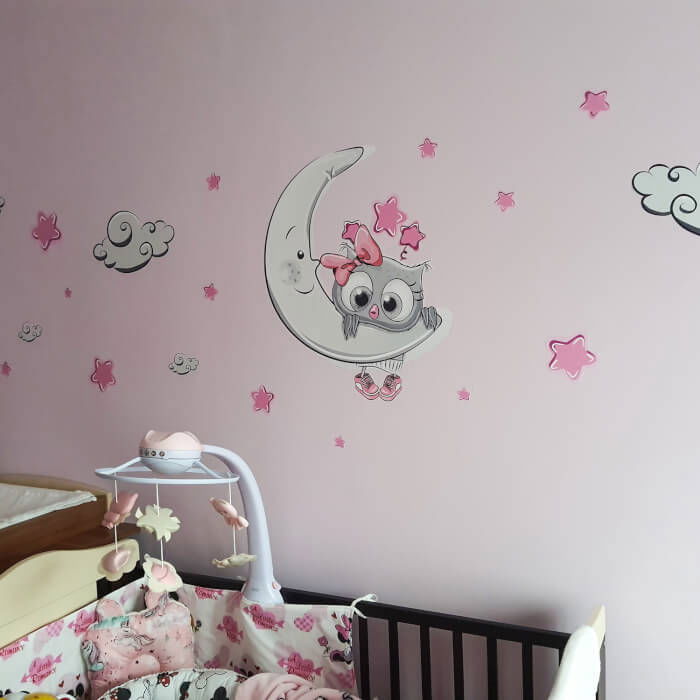 Autocolant pentru camera copiilor - pui de bufnita roz-gri + nori si stele, Luna 60x50cm [4]