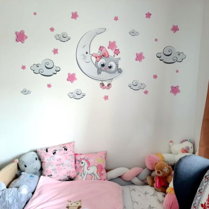 Autocolant pentru camera copiilor - pui de bufnita roz-gri + nori si stele, Luna 60x50cm [3]
