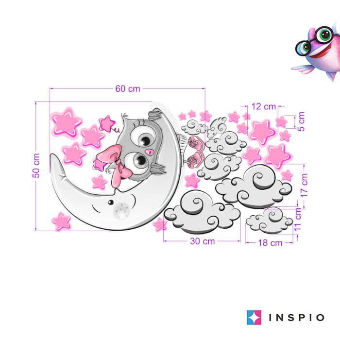 Autocolant pentru camera copiilor - pui de bufnita roz-gri + nori si stele, Luna 60x50cm [2]