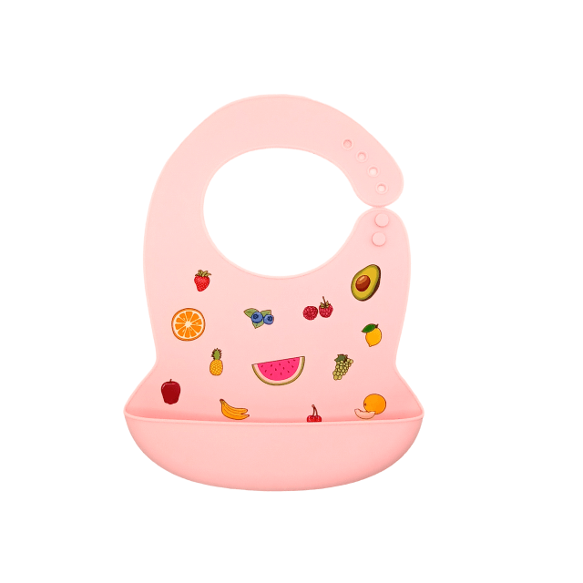 Bavetica din silicon pentru diversificare bebelusi, cu buzunar, baveta cauciuc bebe, Empria, Fructe, Roz [4]