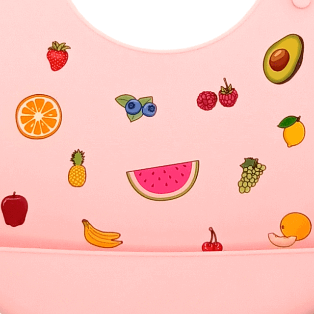 Bavetica din silicon pentru diversificare bebelusi, cu buzunar, baveta cauciuc bebe, Empria, Fructe, Roz [3]