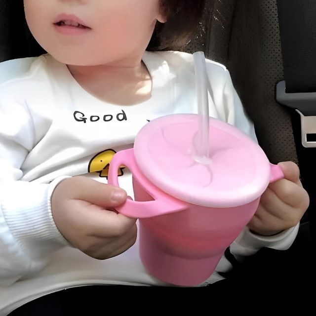 Cana din silicon 2 in 1, pentru gustari si apa, cu capac anti-varsare, Empria, Roz [4]