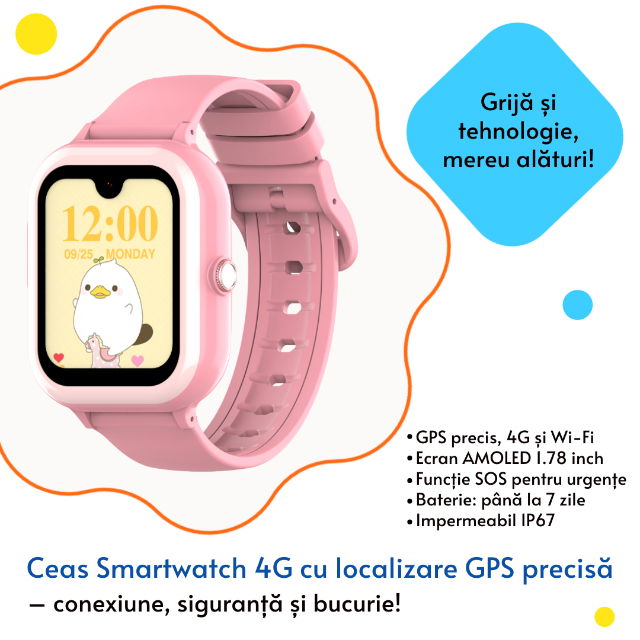 Ceas smartwatch copii gps 5-15m 4G Android Wifi AMOLED 1.72in, Roz [5]