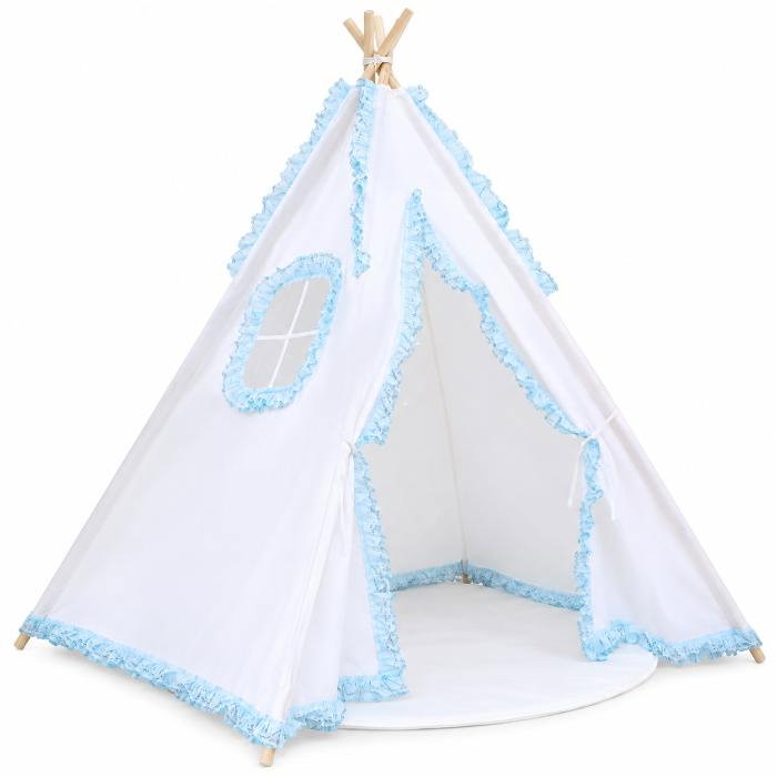 Cort de joaca pentru copii, cort teepee, stil indian, Empria, 110x110x110 cm, Alb/Bleu [14]