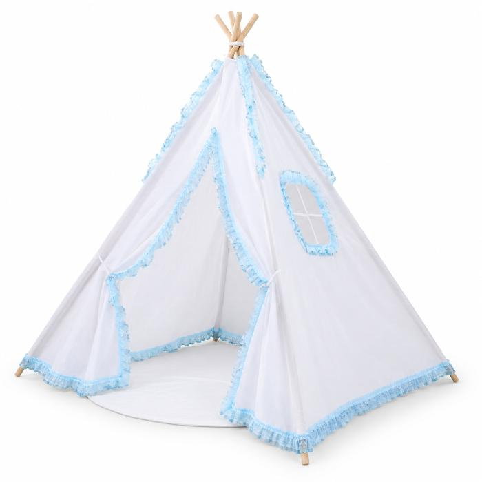 Cort de joaca pentru copii, cort teepee, stil indian, Empria, 110x110x110 cm, Alb/Bleu [2]