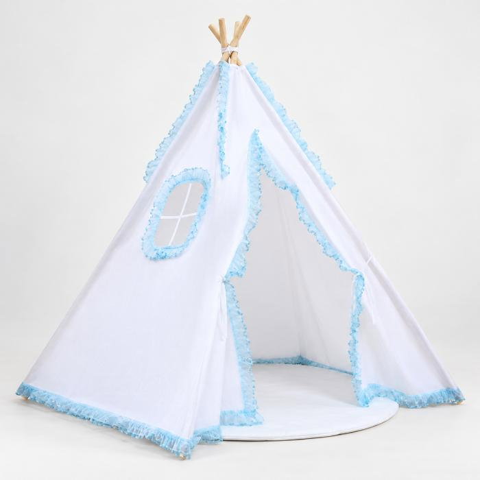 Cort de joaca pentru copii, cort teepee, stil indian, Empria, 110x110x110 cm, Alb/Bleu [6]