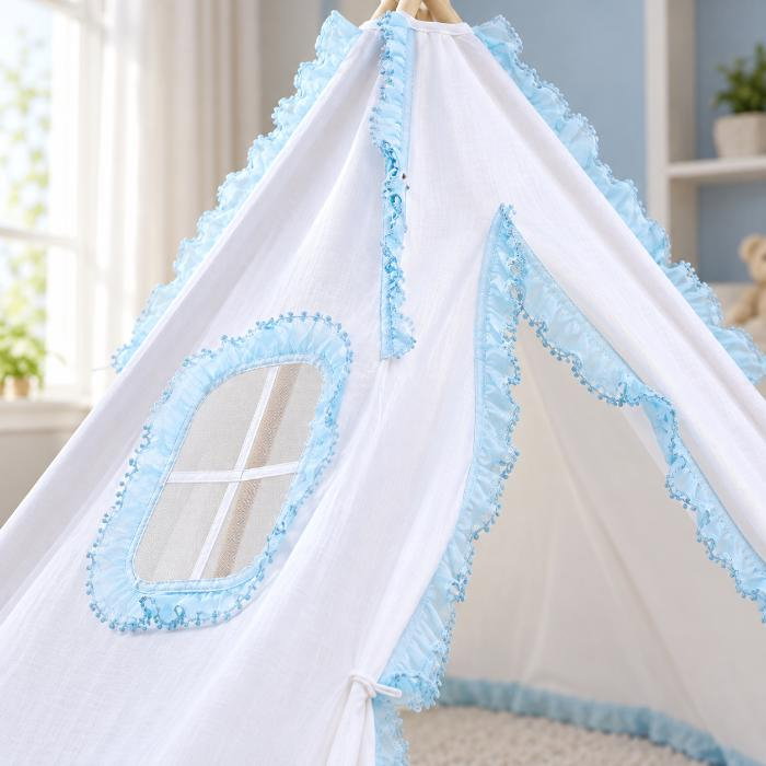Cort de joaca pentru copii, cort teepee, stil indian, Empria, 110x110x110 cm, Alb/Bleu [3]