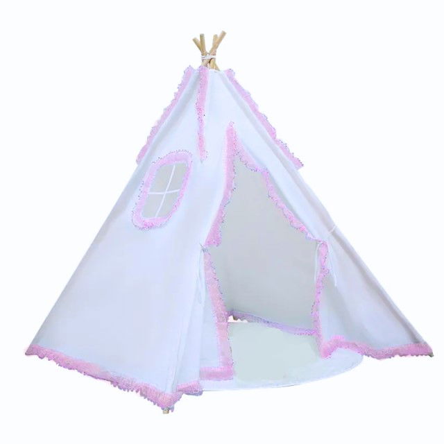 Cort de joaca pentru copii, cort teepee, stil indian, Empria, 110x110x110 cm, Alb/Roz [3]