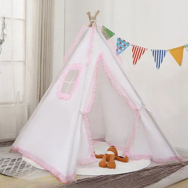 Cort de joaca pentru copii, cort teepee, stil indian, Empria, 110x110x110 cm, Alb/Roz [2]