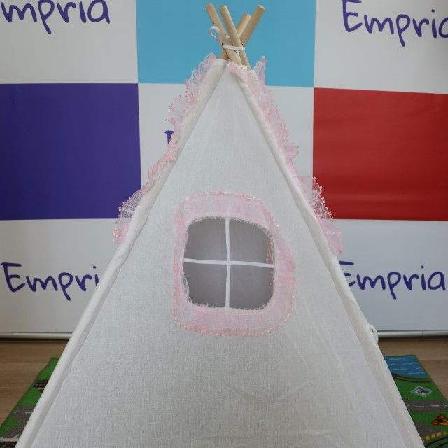 Cort de joaca pentru copii, cort teepee, stil indian, Empria, 110x110x110 cm, Alb/Roz [8]