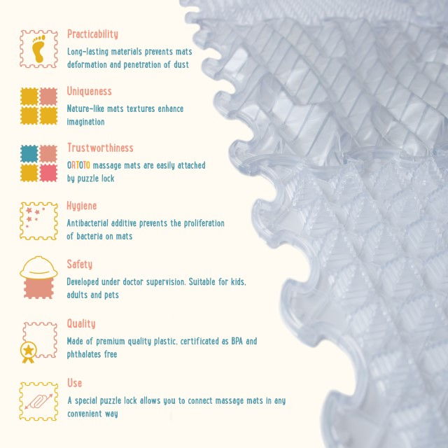 Covoras ortopedic, senzorial, set puzzle, 6 piese cu diferite texturi, ICE Relaxing Massage, transparent [10]
