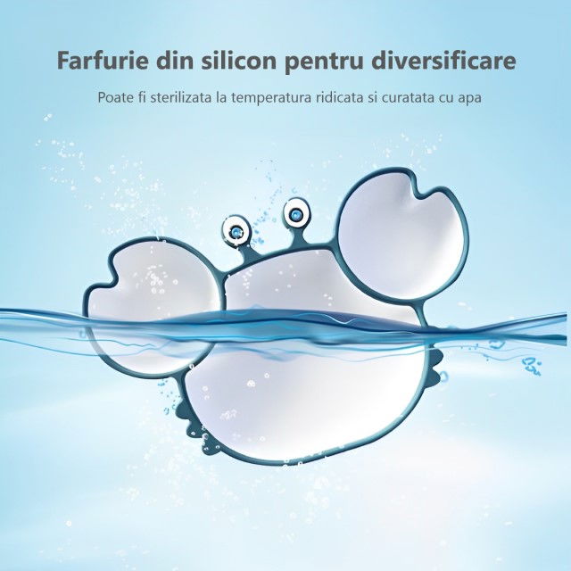 Farfurie din silicon pentru diversificare, anti-alunecare, compartimentata, Empria, Crab, Diverse culori [6]