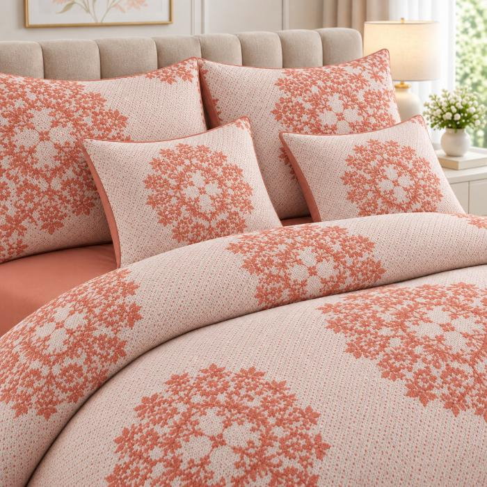 Lenjerie de pat 200x230 cm, 6 piese pentru pat dublu, material combinat, 4 fete de perna, model floral, Portocaliu [3]