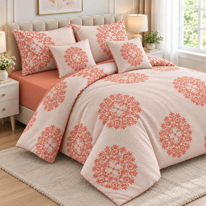Lenjerie de pat 200x230 cm, 6 piese pentru pat dublu, material combinat, 4 fete de perna, model floral, Portocaliu [5]
