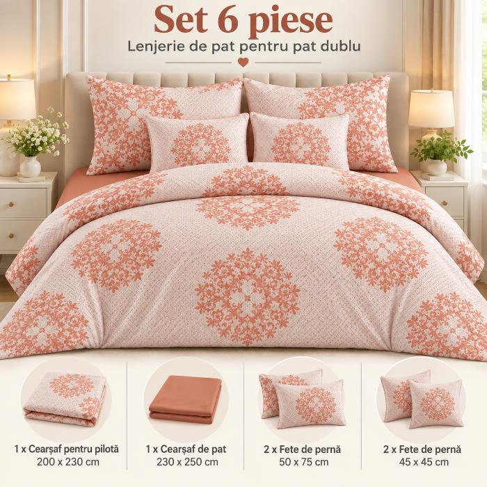 Lenjerie de pat 200x230 cm, 6 piese pentru pat dublu, material combinat, 4 fete de perna, model floral, Portocaliu [2]