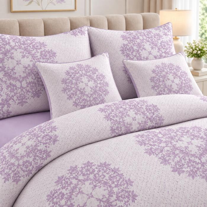 Lenjerie de pat 200x230 cm, 6 piese pentru pat dublu, material combinat, 4 fete de perna, model floral, Diverse culori [3]