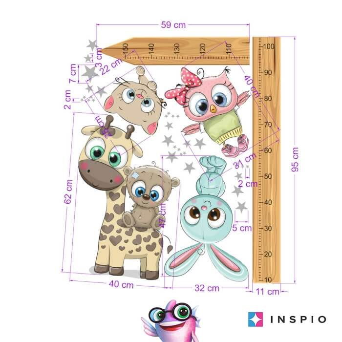 Metru pentru copii 150 cm cu animale CUTE 2, Lemn [2]