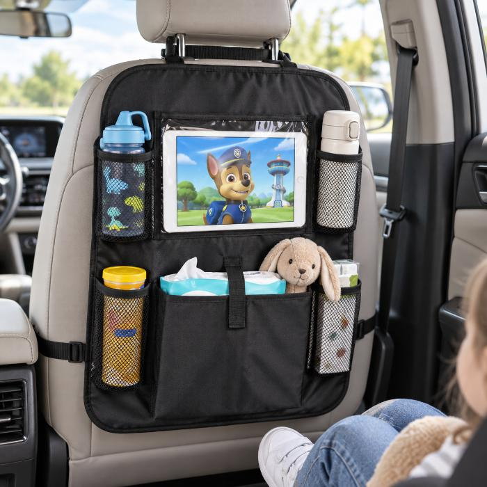 Organizator scaun auto copii, protectie scaun auto, 6 buzunare, 60x42 cm, Empria, Negru [5]