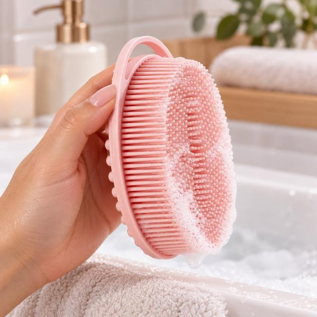 Perie pentru corp 2 in 1, burete din silicon pentru curatare, exfoliere si masaj corporal, Empria, Roz, Diverse modele [3]