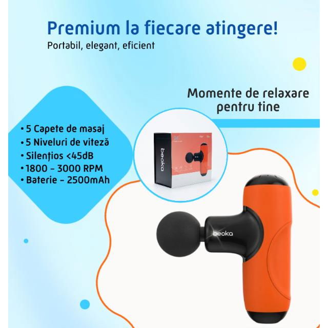 Pistol Masaj Premium - Aparat Masaj Ultra-Portabil, 5 Capete, 5 Viteze, 3000 Percutii, Motor Silentios, Carcasa Depozitare,Diverse culori [7]