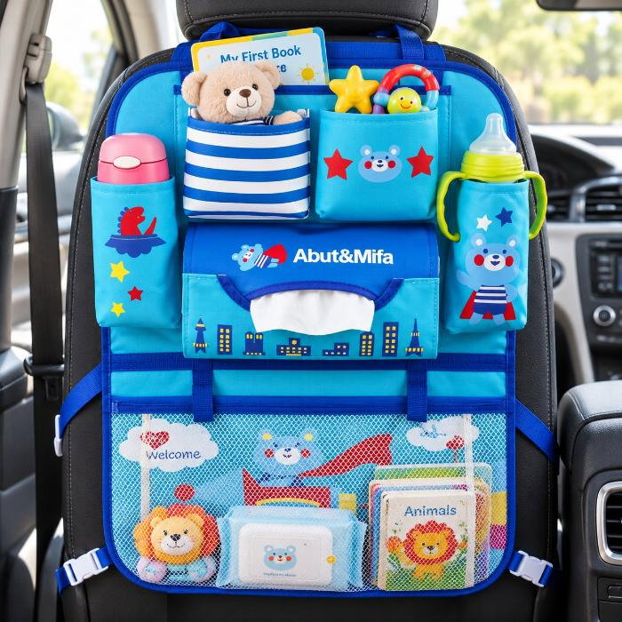 Protectie scaun auto, organizator auto copii, 8 buzunare, Empria, 54x43 cm, Albastru [6]