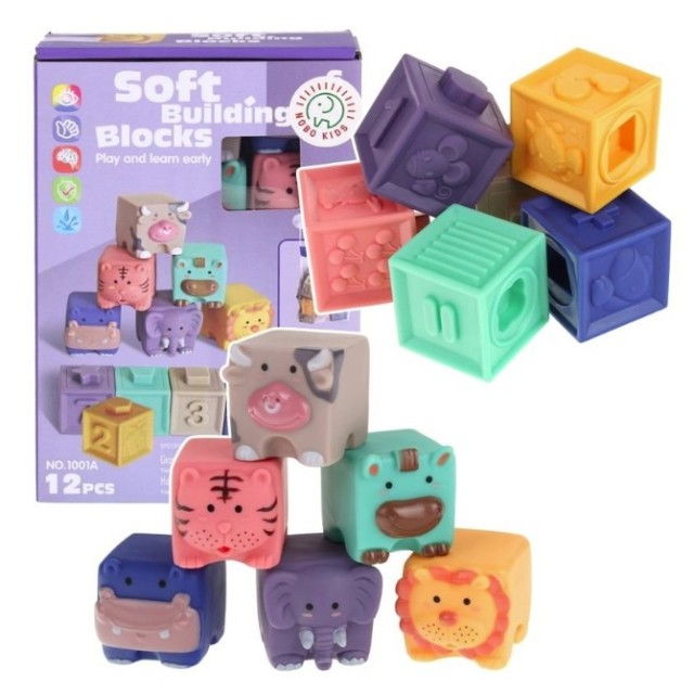 Set 12 cuburi de construit din silicon, jucarie educationala colorata, Empria, Animale si Cifre [21]