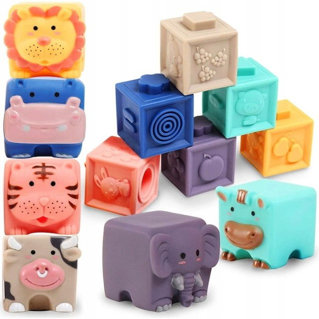 Set 12 cuburi de construit din silicon, jucarie educationala colorata, Empria, Animale si Cifre [1]