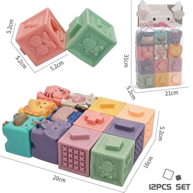 Set 12 cuburi de construit din silicon, jucarie educationala colorata, Empria, Animale si Cifre [20]