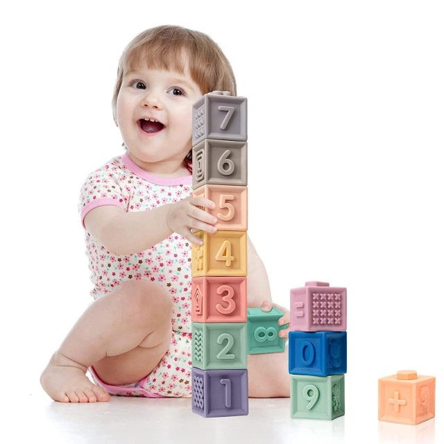 Set 12 cuburi de construit din silicon, jucarie educationala colorata, Empria, Cifre si Forme [14]