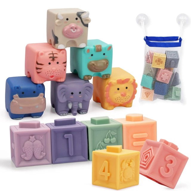 Set 12 cuburi de construit din silicon, jucarie educationala colorata, Empria, Animale si Cifre [9]