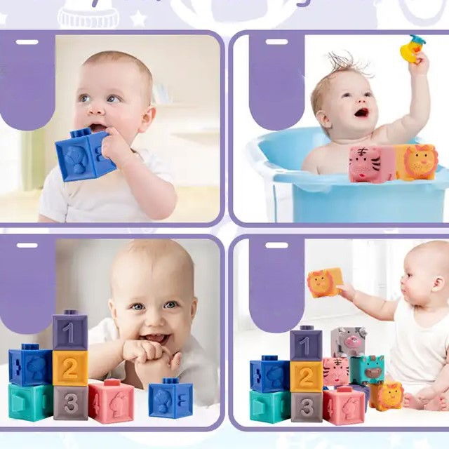 Set 12 cuburi de construit din silicon, jucarie educationala colorata, Empria, Animale si Cifre [15]