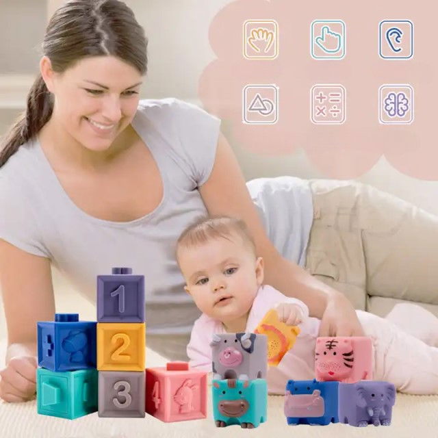 Set 12 cuburi de construit din silicon, jucarie educationala colorata, Empria, Animale si Cifre [5]
