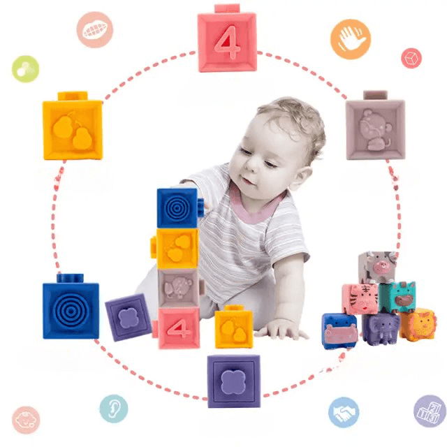 Set 12 cuburi de construit din silicon, jucarie educationala colorata, Empria, Animale si Cifre [17]